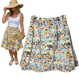 Vintage 80s Euro Summer A-Line Skirt Mediterranean Coastal Print Resort Size 8